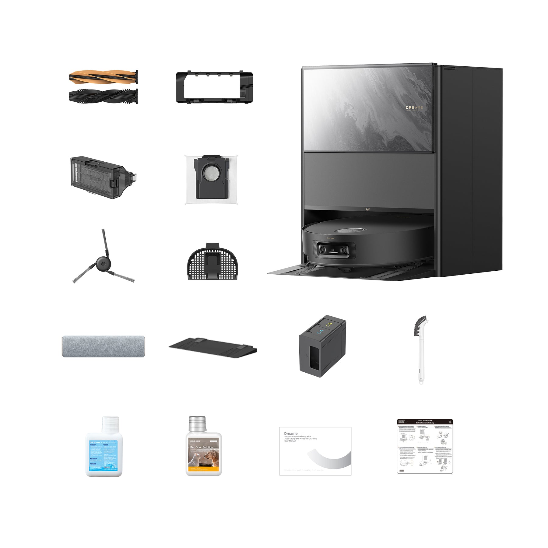 Black robot vacuum with included accessory set shown around the unit
