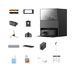 Black robot vacuum with included accessory set shown around the unit
