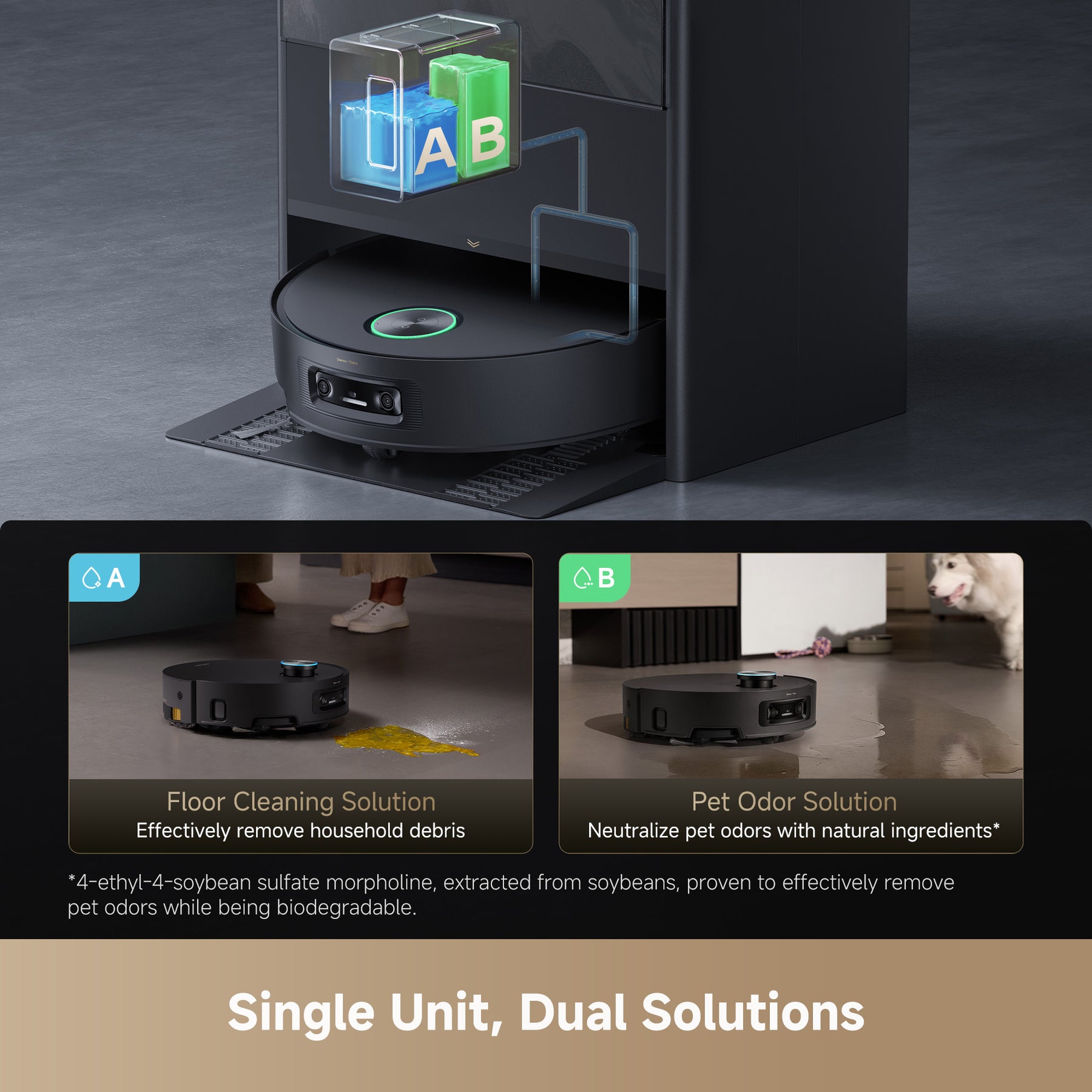 Black robot vacuum docked with mop and floor-cleaning solution module