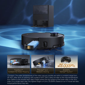 Black robot vacuum with round cleaning base and mop attachment