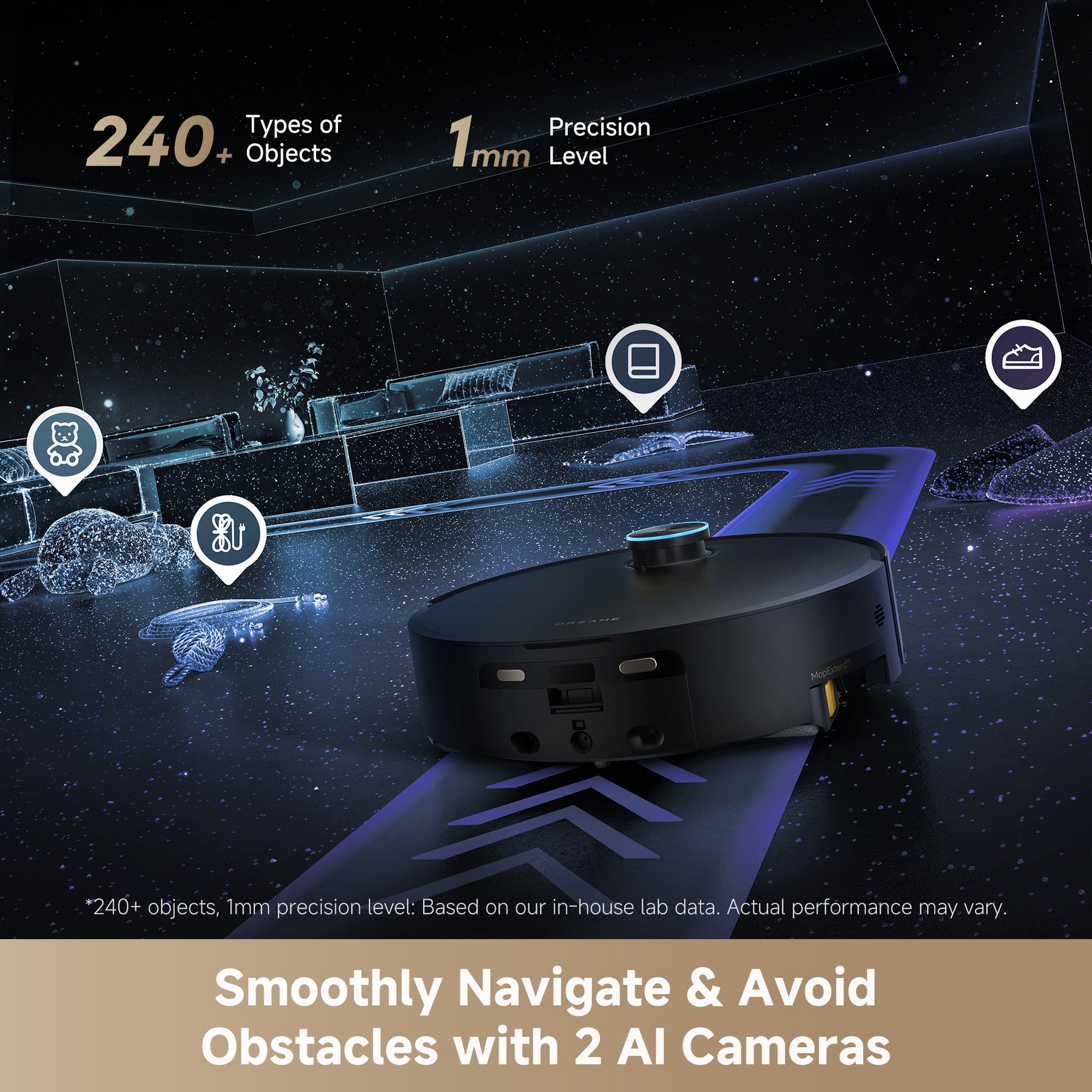 Black robot vacuum with AI camera sensors for smooth obstacle navigation