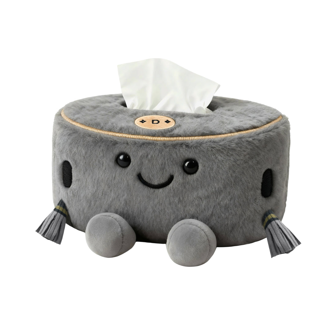 Dreame CozyRoll Tissue Buddy plush tissue holder, grey with cute face and tassels