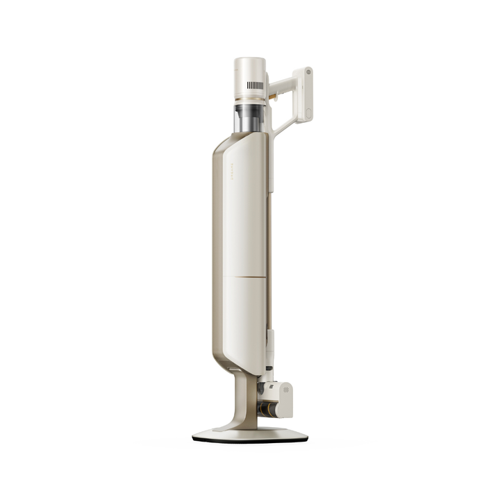 Cordless vacuum cleaner with auto-empty docking stand, beige and white design