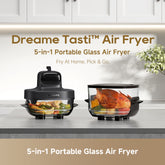 Black Dreame Tasti air fryer base with clear glass cooking pot and lid