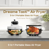 Portable air fryer with white base and clear glass bowl, plus matching black unit