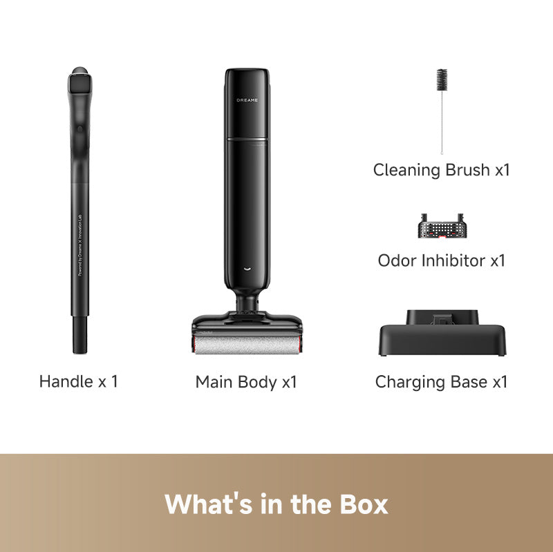 Dreame wet dry vacuum kit with handle, main body, charging base, and tool accessories