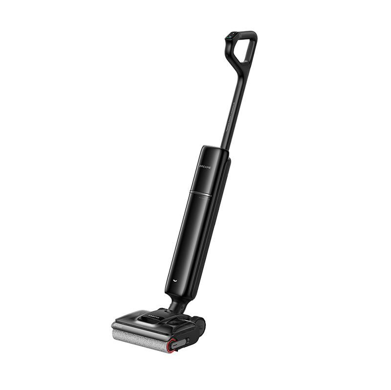 Cordless wet dry vacuum with upright handle and floor brush attachment, black
