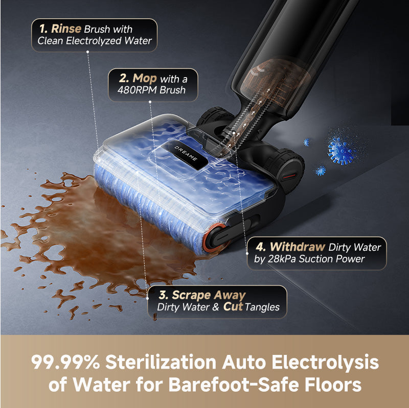 Dreame wet dry vacuum scrub brush attachment with rinse, scrape, and suction flow