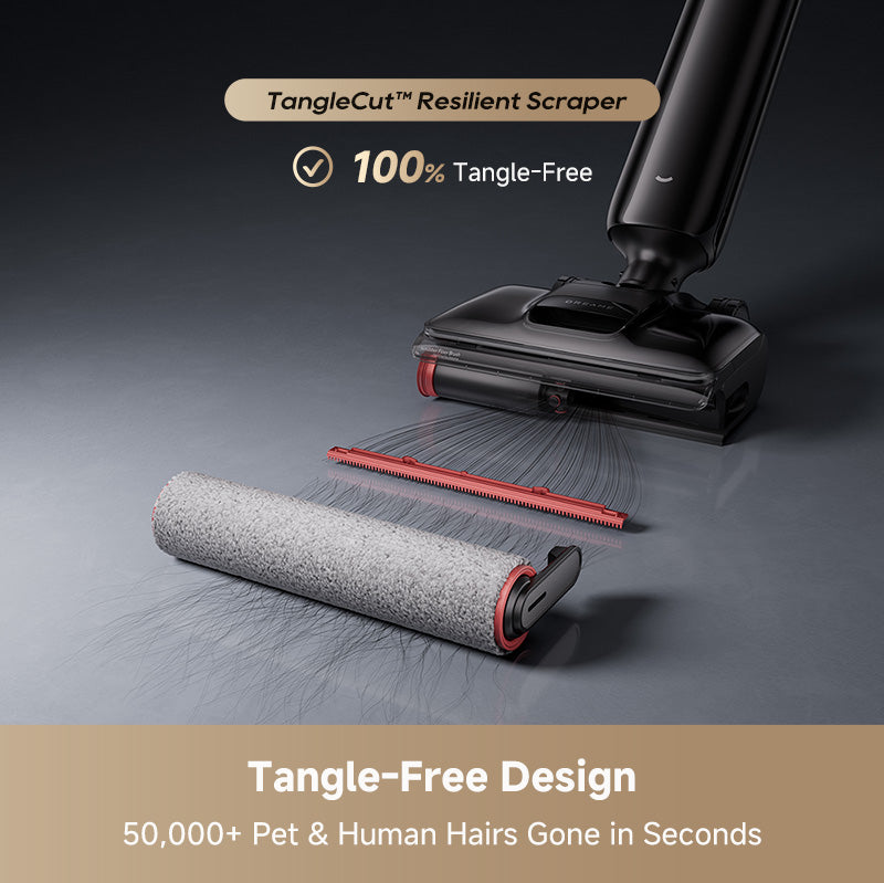 Wet dry vacuum floor brush with visible roller and cleaning scraper tool, dark