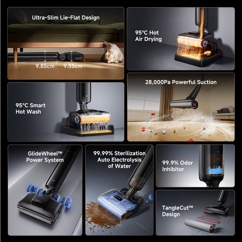 Wet dry vacuum with compact base and multiple cleaning heads in a feature collage