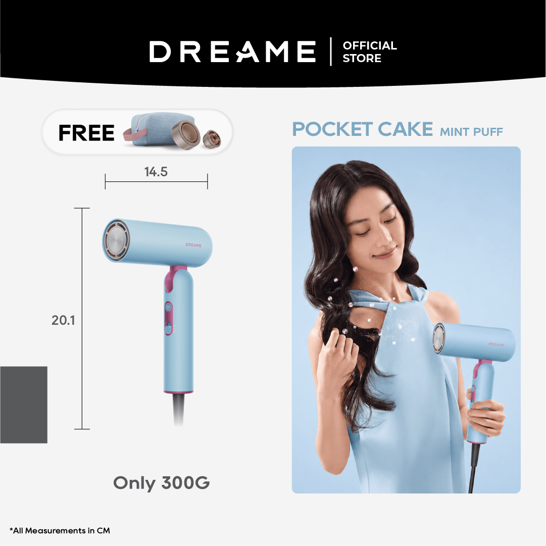 Mint blue pocket high-speed hair dryer with round intake and concentrator nozzle