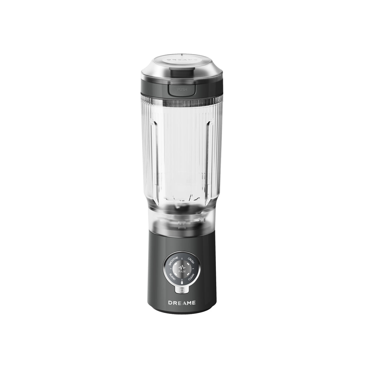 Portable blender with clear blending jar and dark base, round speed dial