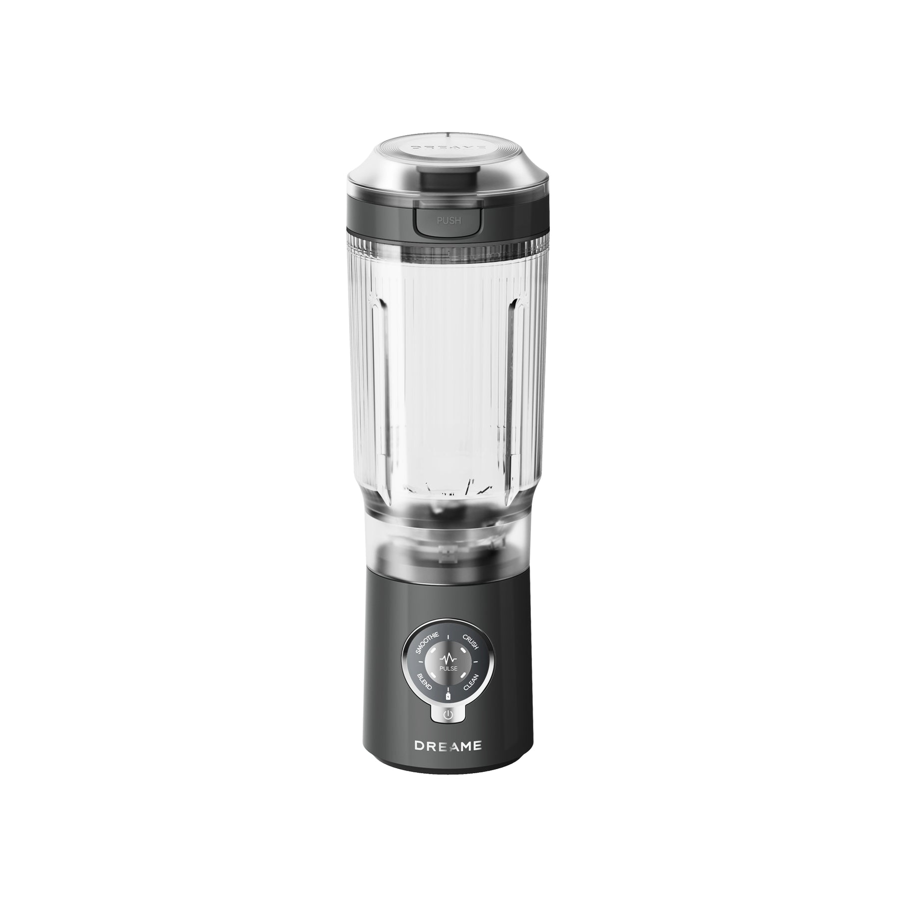 Portable blender with clear blending jar and dark base, round speed dial
