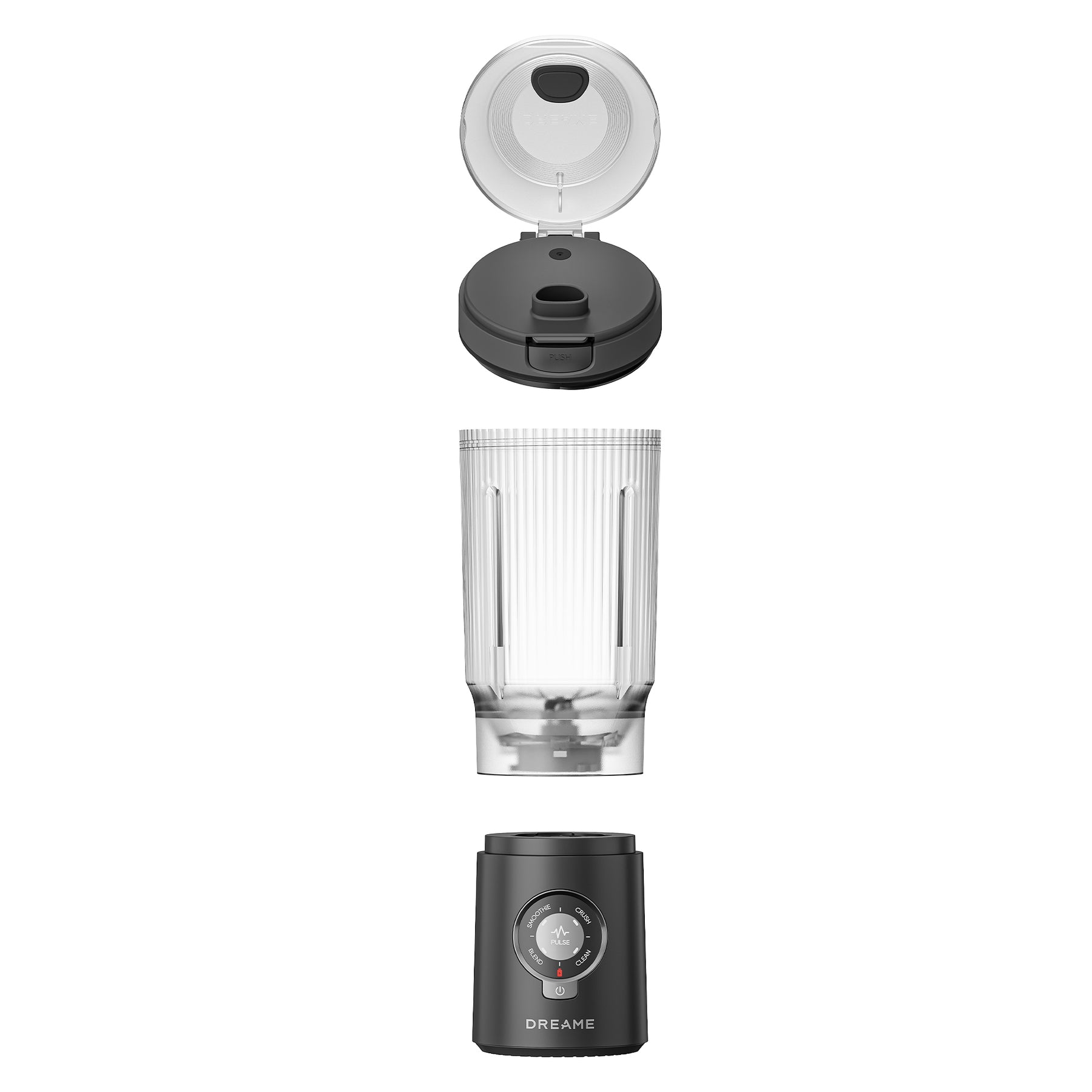 Portable blender parts: open lid, clear jar, and dark base