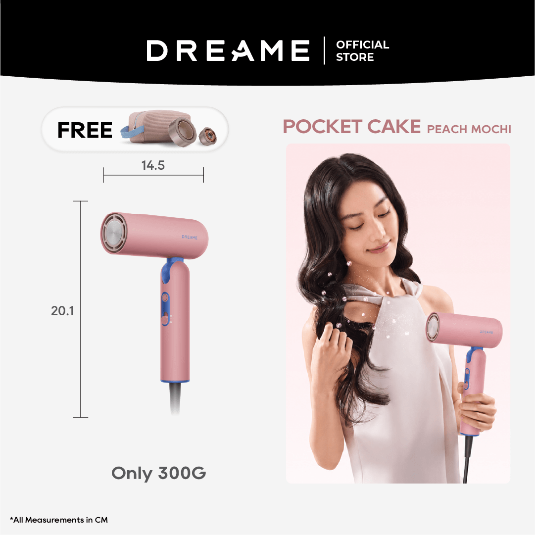 Peach pink pocket high-speed hair dryer with round intake and concentrator nozzle
