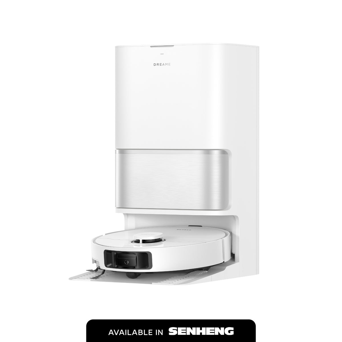 Robot vacuum docking station with white body and brushed metal base