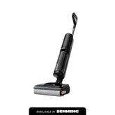 Black wet/dry vacuum cleaner with upright handle and floor brush head
