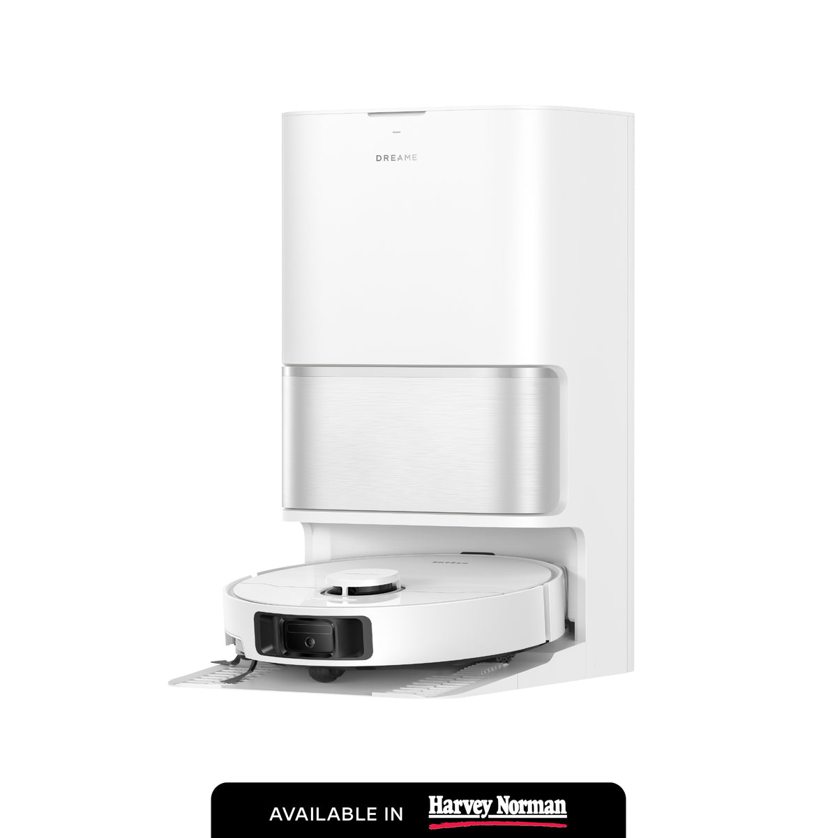 White robot vacuum docked on multi-function cleaning station