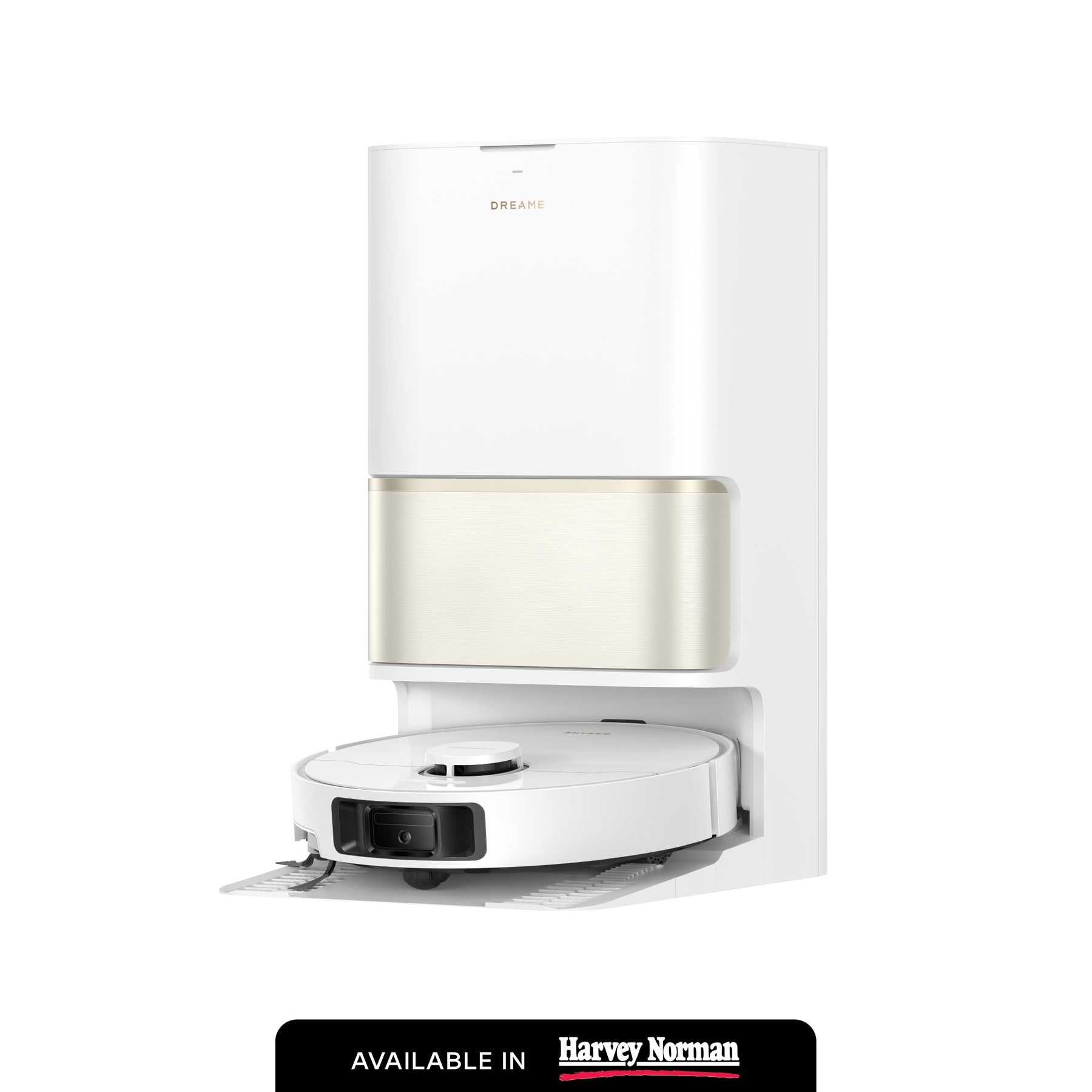 White and gold robot vacuum power dock with robot vacuum docked
