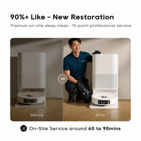 Before-and-after comparison of two robot vacuums with a technician beside them