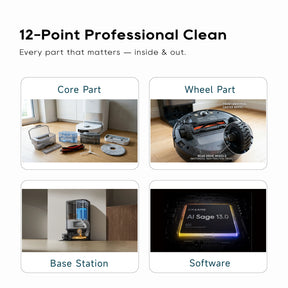 On-site robot vacuum cleaning service infographic with core and wheel part icons