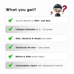 Robot vacuum cleaning service benefits checklist with on-site technician and report items